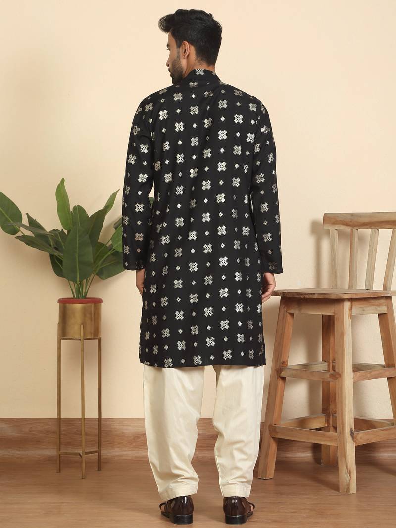 cotton silk printed black knee length kurta