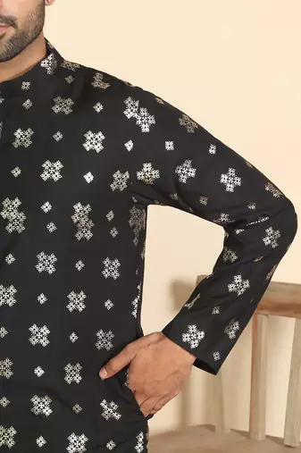 cotton silk printed black knee length kurta