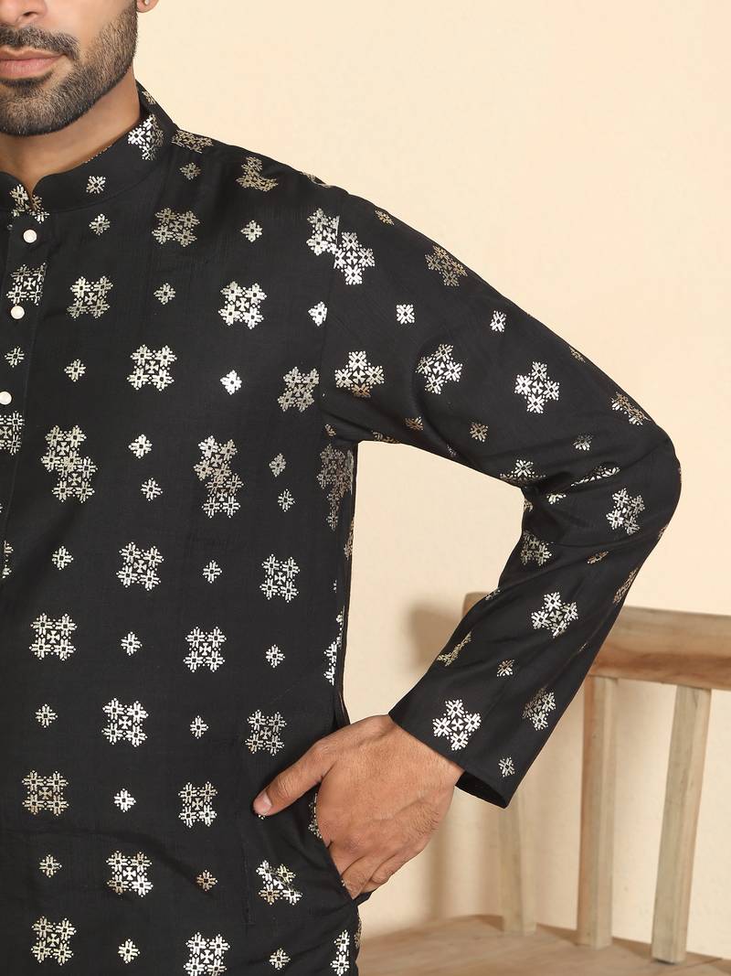 cotton silk printed black knee length kurta
