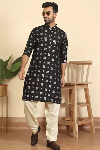 cotton silk printed black knee length kurta