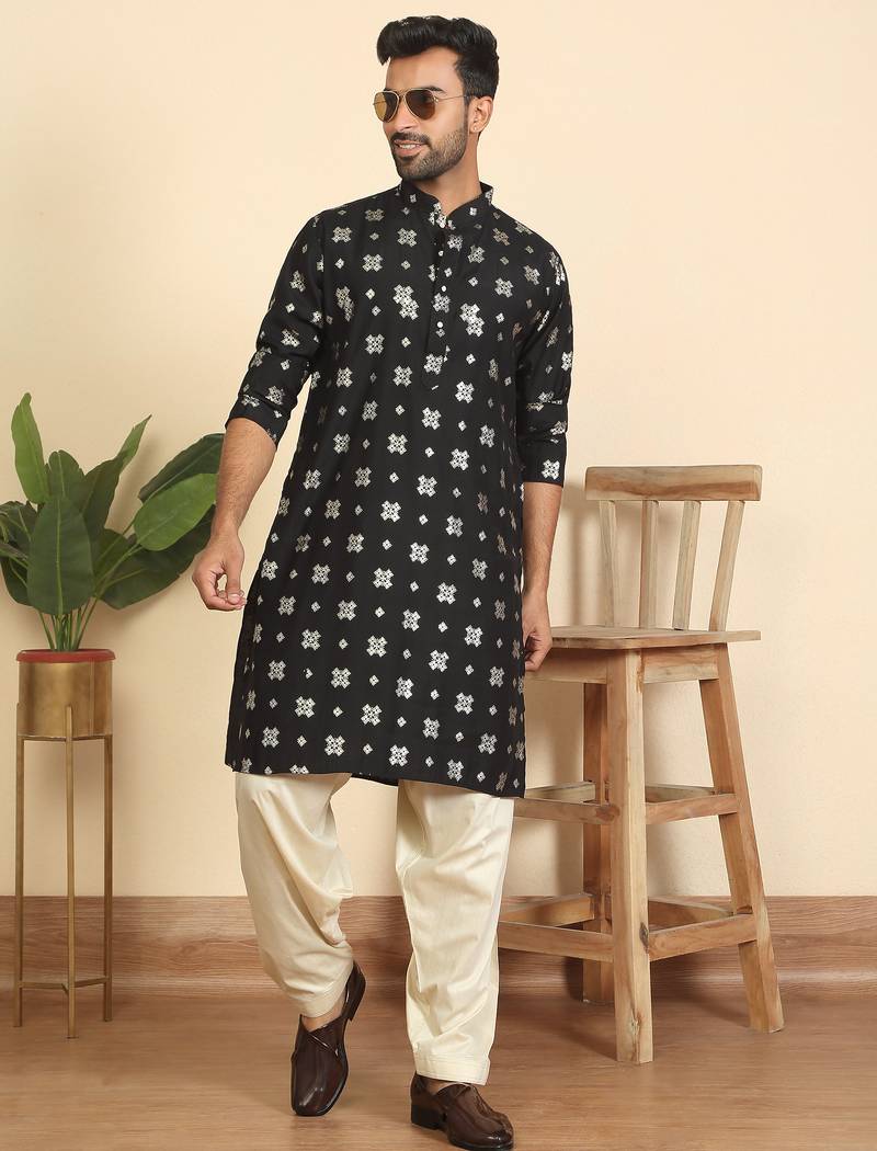 cotton silk printed black knee length kurta