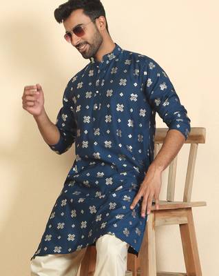 cotton silk printed blue knee length kurta 1
