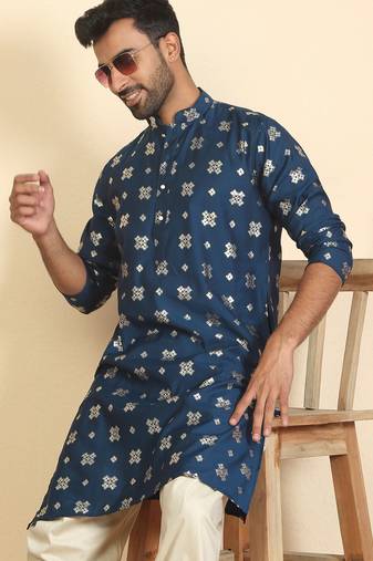 cotton silk printed blue knee length kurta
