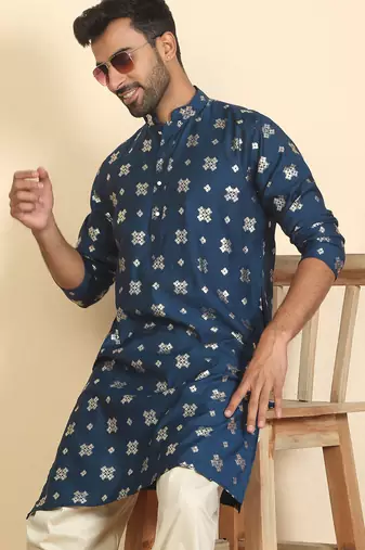 cotton silk printed blue knee length kurta