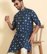 cotton silk printed blue knee length kurta