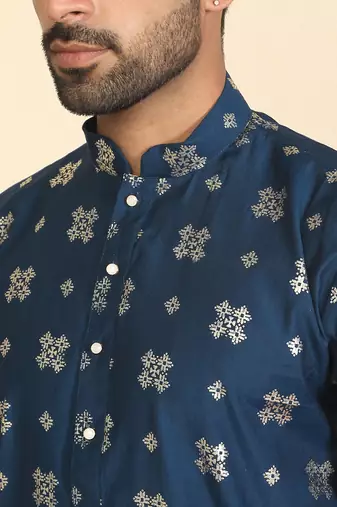 cotton silk printed blue knee length kurta
