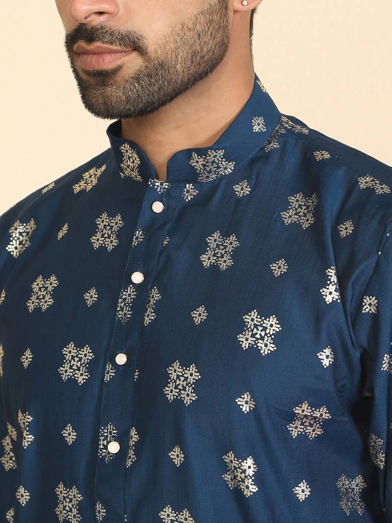 cotton silk printed blue knee length kurta