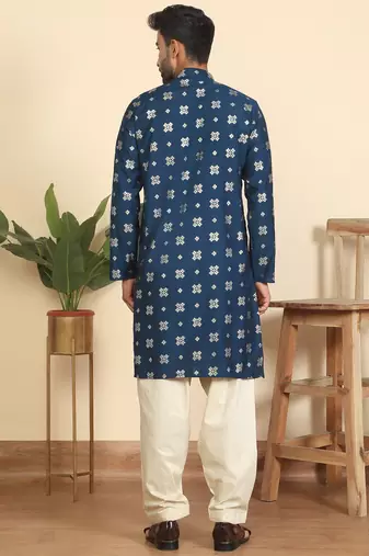 cotton silk printed blue knee length kurta