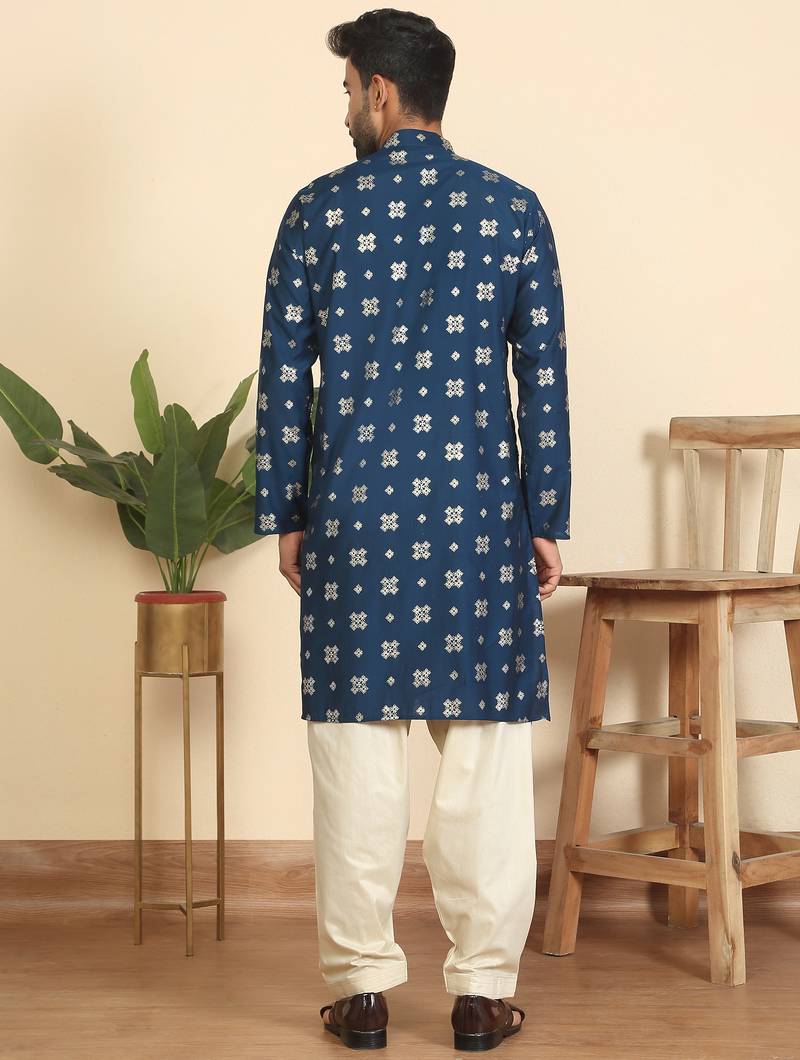 cotton silk printed blue knee length kurta