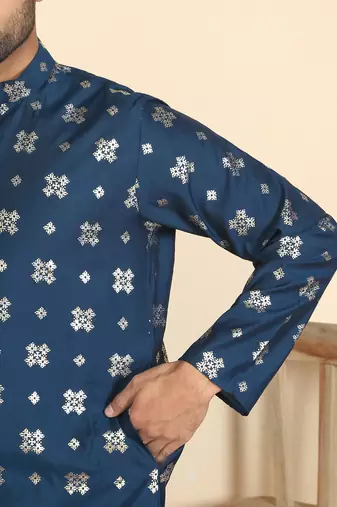 cotton silk printed blue knee length kurta