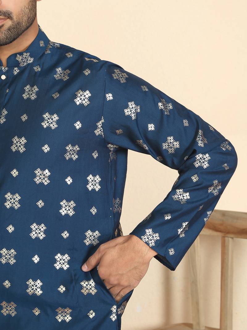 cotton silk printed blue knee length kurta