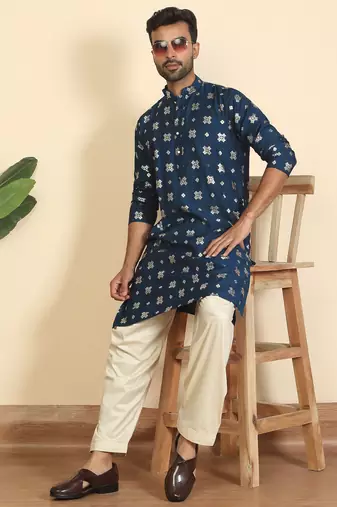 cotton silk printed blue knee length kurta