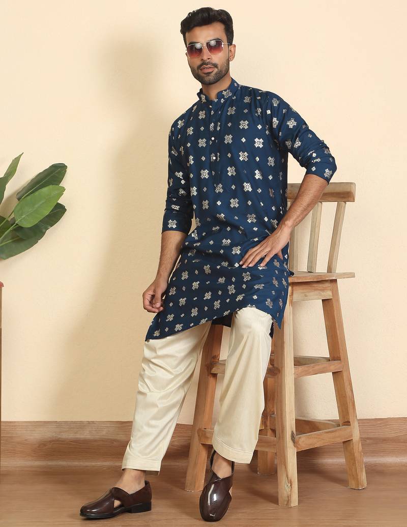cotton silk printed blue knee length kurta