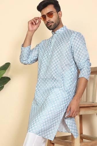 cotton blend leaf prints blue knee length kurta
