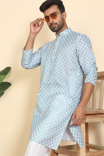 cotton blend leaf prints blue knee length kurta