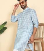 cotton blend leaf prints blue knee length kurta