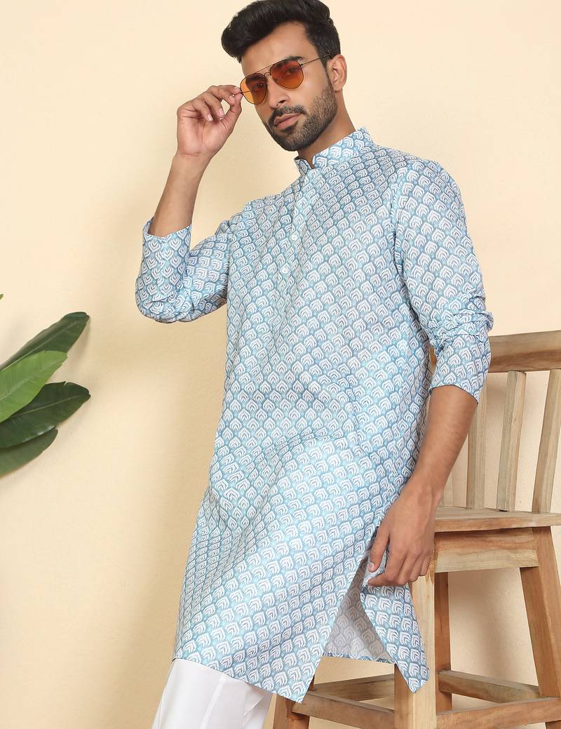 cotton blend leaf prints blue knee length kurta