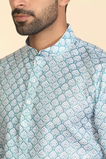 cotton blend leaf prints blue knee length kurta