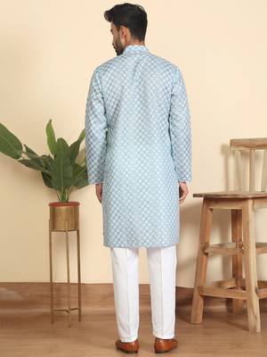 cotton blend leaf prints blue knee length kurta 3