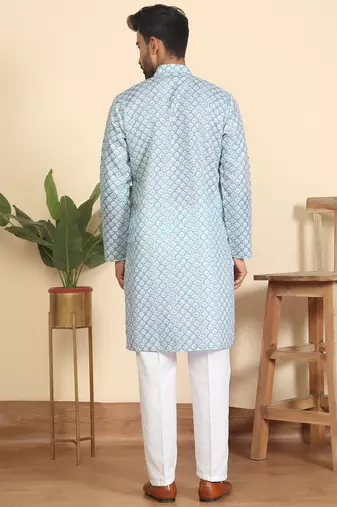 cotton blend leaf prints blue knee length kurta