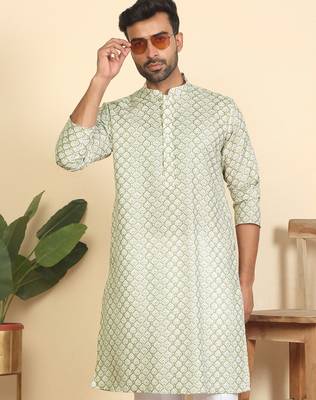 cotton blend leaf prints green knee length kurta 1