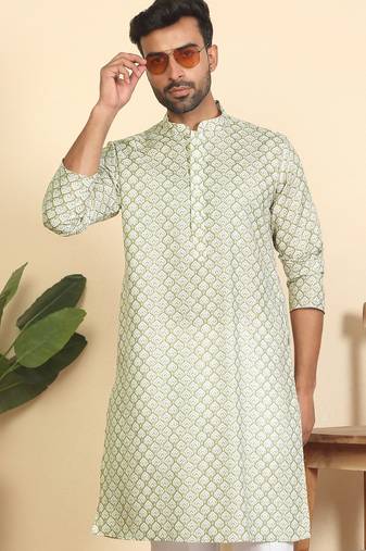 cotton blend leaf prints green knee length kurta