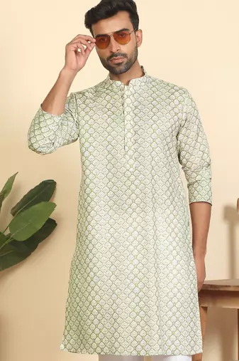 cotton blend leaf prints green knee length kurta