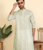 cotton blend leaf prints green knee length kurta