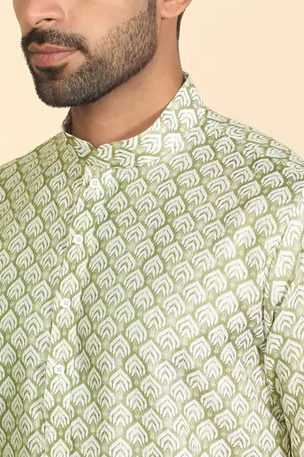 cotton blend leaf prints green knee length kurta
