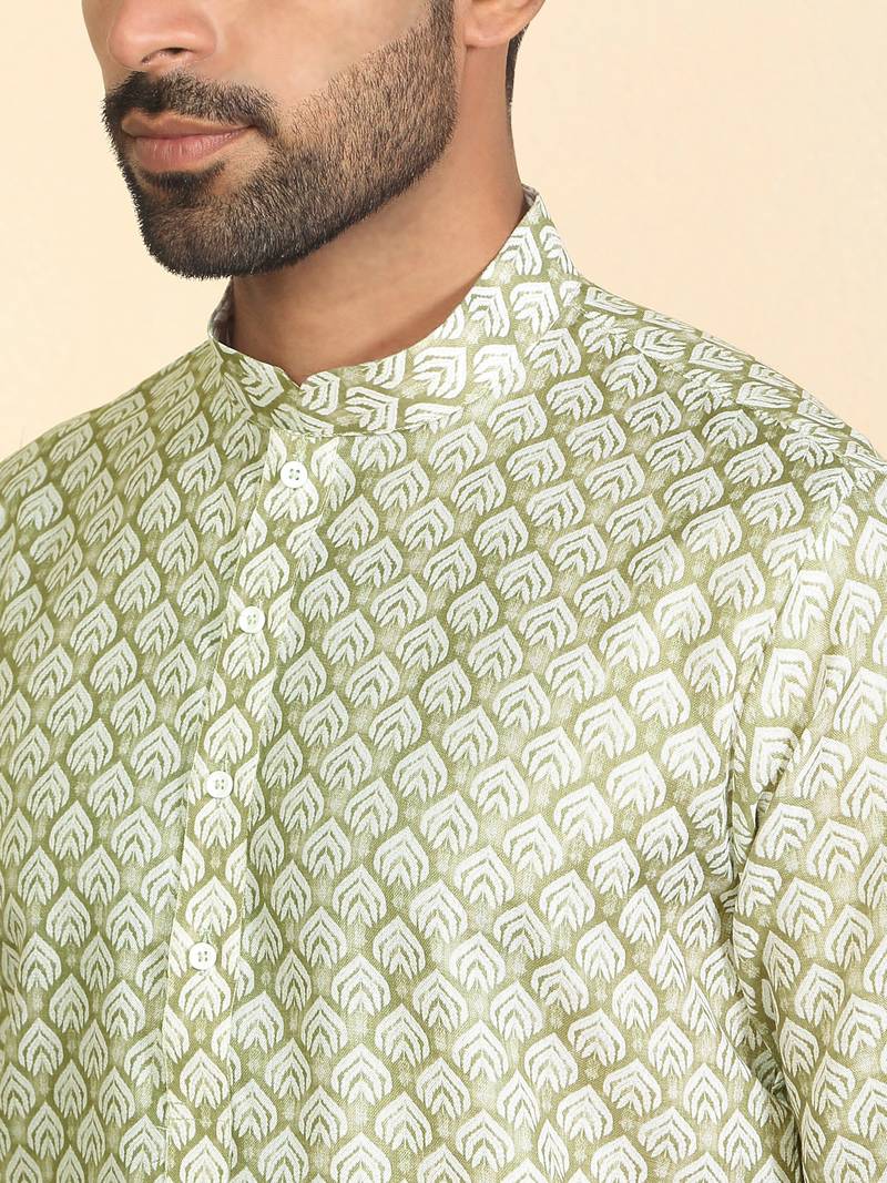 cotton blend leaf prints green knee length kurta