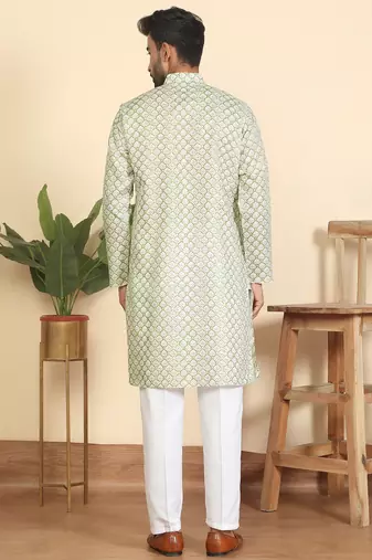 cotton blend leaf prints green knee length kurta
