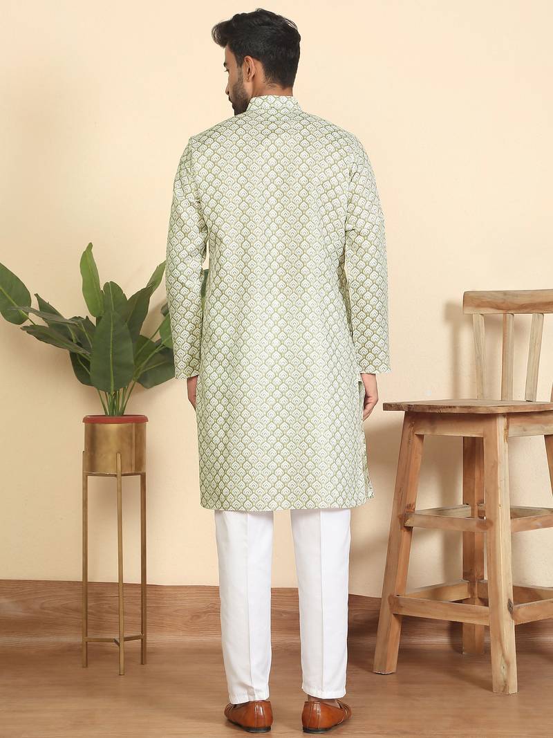 cotton blend leaf prints green knee length kurta