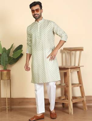 cotton blend leaf prints green knee length kurta 5