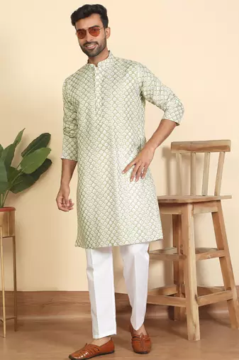 cotton blend leaf prints green knee length kurta