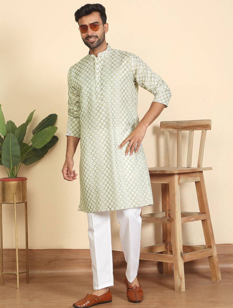 cotton blend leaf prints green knee length kurta