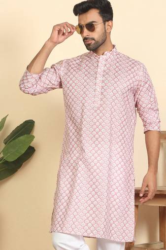 cotton blend leaf prints pink knee length kurta