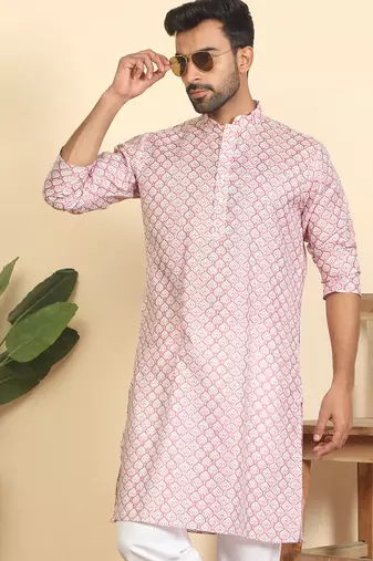 cotton blend leaf prints pink knee length kurta