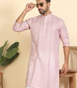 cotton blend leaf prints pink knee length kurta