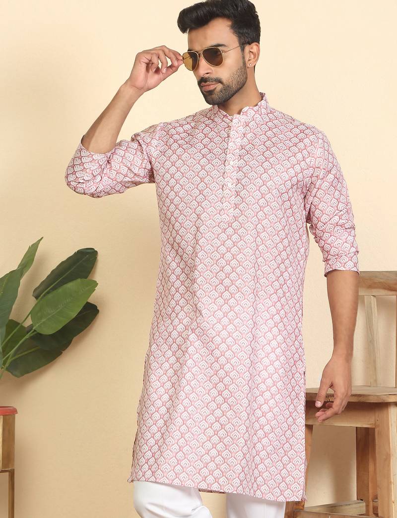 cotton blend leaf prints pink knee length kurta