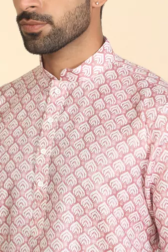 cotton blend leaf prints pink knee length kurta