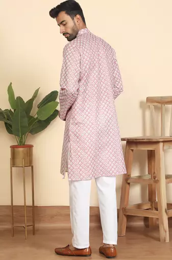 cotton blend leaf prints pink knee length kurta