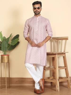 cotton blend leaf prints pink knee length kurta 5