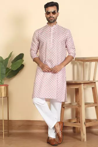 cotton blend leaf prints pink knee length kurta