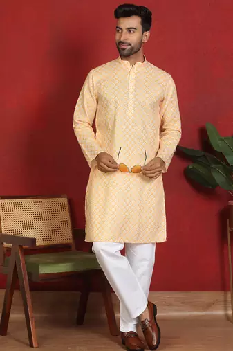 cotton blend leaf prints yellow knee length kurta