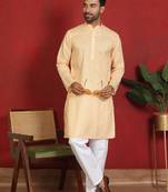 cotton blend leaf prints yellow knee length kurta