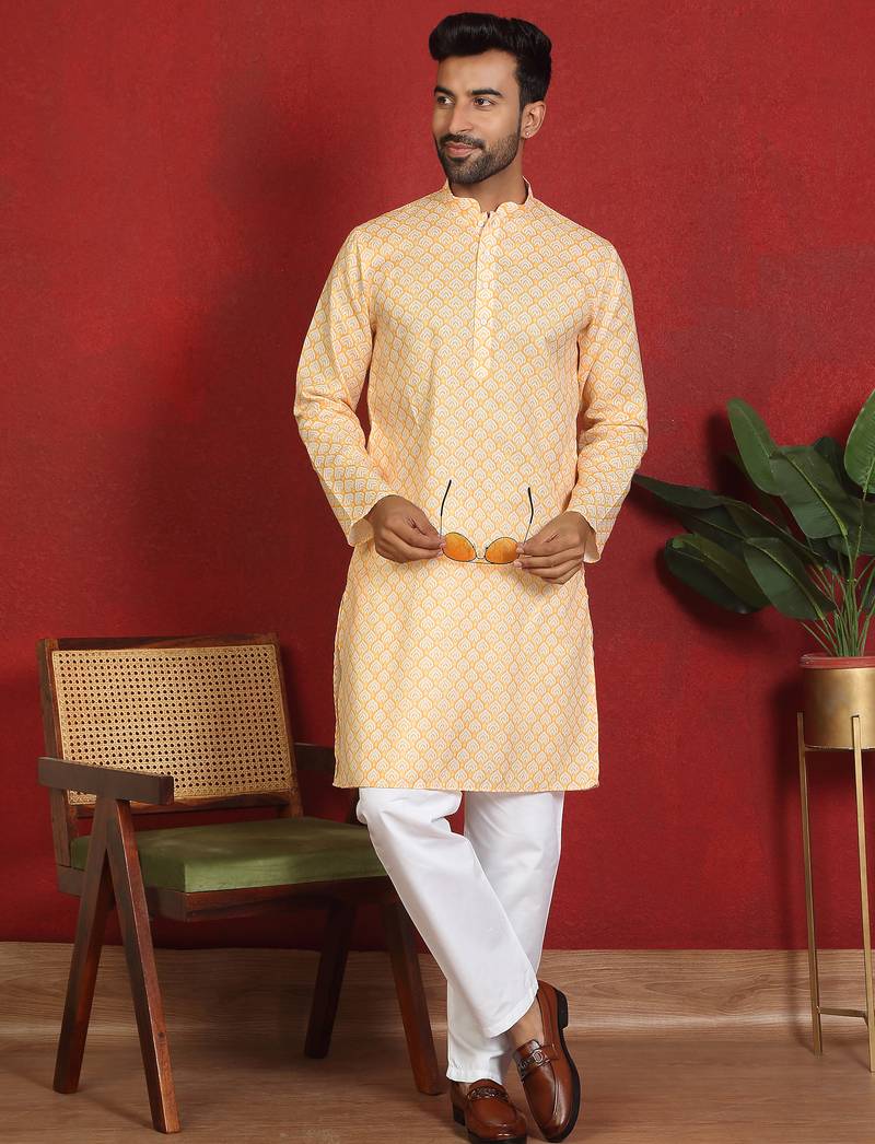 cotton blend leaf prints yellow knee length kurta