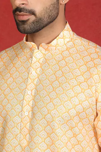 cotton blend leaf prints yellow knee length kurta