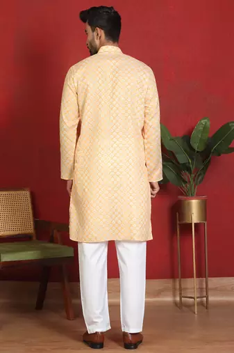cotton blend leaf prints yellow knee length kurta