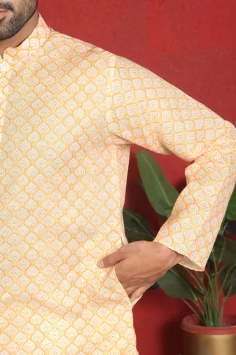 cotton blend leaf prints yellow knee length kurta