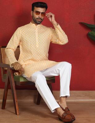 cotton blend leaf prints yellow knee length kurta 5